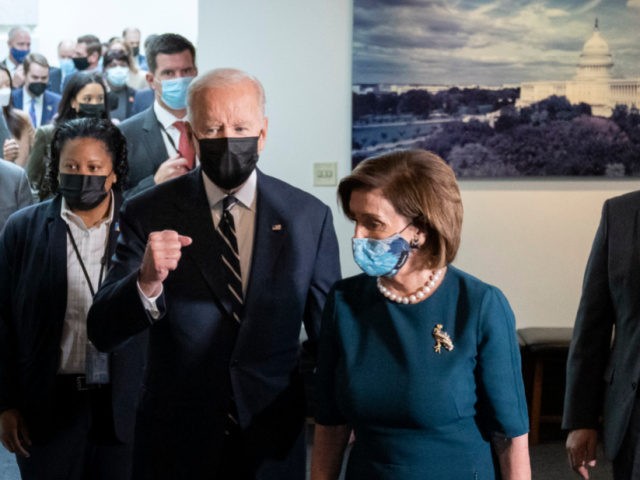 U.S. President Joe Biden and Speaker of the House Nancy Pelosi leave a meeting with House Democrats at the U.S. Capitol on Capitol Hill October 28, 2021 in Washington, DC. President Biden will meet with House Democrats on Thursday morning to try and secure a vote on the Senate-passed bipartisan …