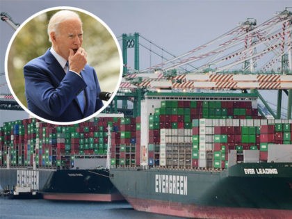 Main: Cargo ships filled with containers dock at the Port of Los Angeles on September 28, 2021, in Los Angeles, California. (Frederic J. Brown/AFP via Getty Images) Insert: President Joe Biden announces that he expanded the areas of three national monuments at the White House on October 08, 2021 in …