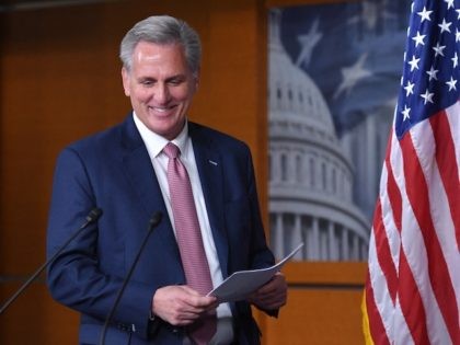 US House Minority Leader, Kevin McCarthy, Republican of California, arrives for his weekly press briefing on Capitol Hill in Washington, DC, on October 21, 2021. (Mandel Ngan/AFP via Getty Images)