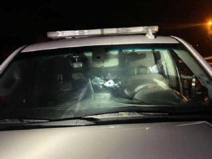 A Louisiana State Police vehicle sustained gunfire damage during a pursuit of a suspected killer. (Photo: Louisiana State Police)