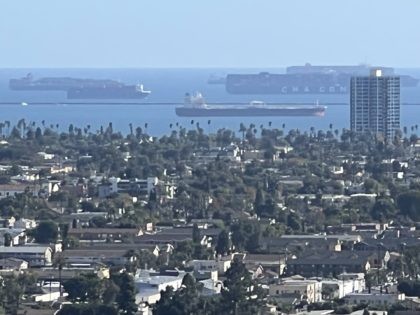Closer view of ships at anchor off the coast of Long Beach, with downtown Long Beach in foreground, seen from Signal Hill, October 18, 2021 (Joel Pollak / Breitbart News)