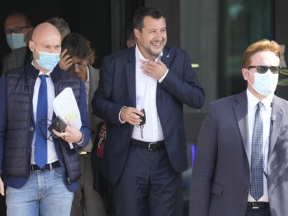 Former minister of interior Matteo Salvini, center, leaves the Palermo's court, Italy, Saturday, Oct. 23, 2021. Italy's former right-wing interior minister, Matteo Salvini, went on trial Saturday charged with kidnapping for refusing 2019 to allow a Spanish migrant rescue ship to dock in Sicily, keeping the people onboard at sea …