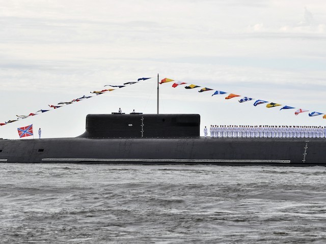 Soldiers of the Russian Navy stand on the nuclear-powered ballistic missile submarine Project 955A Borei-A 