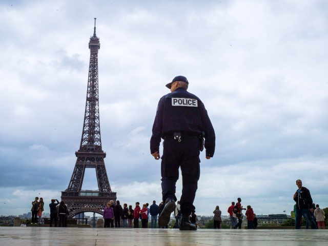 (FILES) In this photograph taken on May 14, 2013, a policeman patrols on Trocadero Square