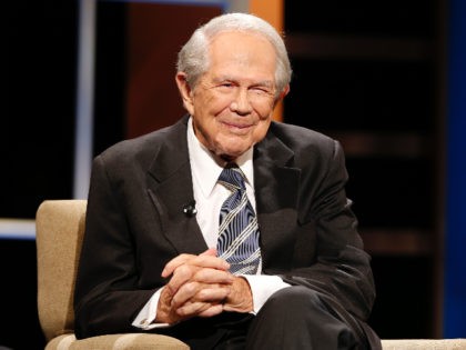 FILE - In this Friday, Oct. 23, 2015 file photo, Rev. Pat Robertson poses a question to a Republican presidential candidate during a forum at Regent University in Virginia Beach, Va. The Christian Broadcasting Network, which Robertson founded, says he was rushed to the nearest stroke center Friday, Feb. 2, …