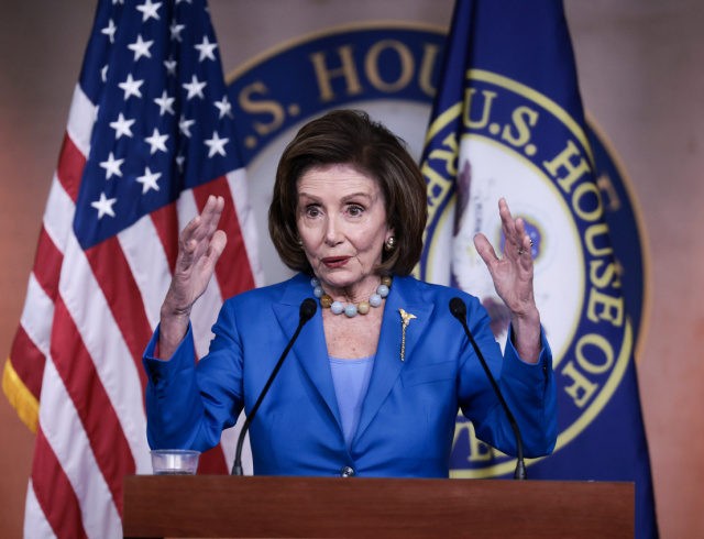 WASHINGTON, DC - OCTOBER 12: House Speaker Nancy Pelosi (D-CA) gestures as she speaks at a news conference at the U.S. Capitol on October 12, 2021 in Washington, DC. The House of Representatives are back in session for one day to consider legislation to lift the debt limit through early …