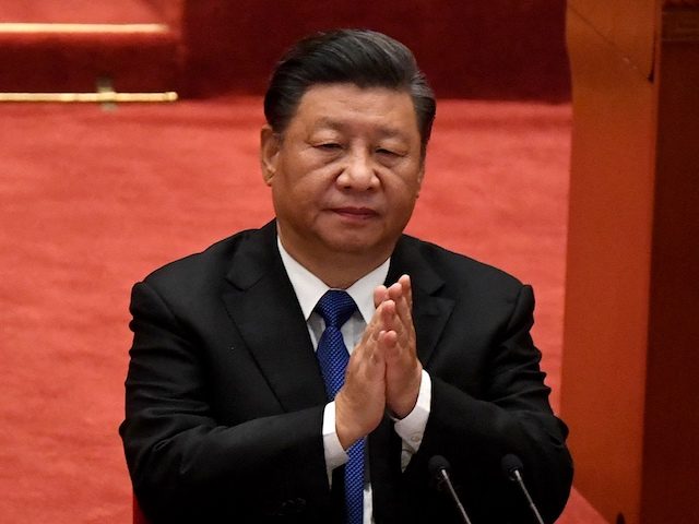 Chinese President Xi Jinping attends the commemoration of the 110th anniversary of the Xinhai Revolution which overthrew the Qing Dynasty and led to the founding of the Republic of China, at the Great Hall of the People in Beijing on October 9, 2021. (Noel Celis/AFP via Getty Images)