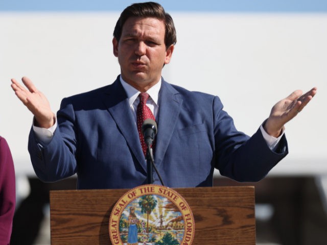 Florida Governor Ron DeSantis speaks during a press conference about the opening of a COVI