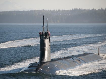 The Seawolf-class fast-attack submarine USS Jimmy Carter (SSN 23) transits the Hood Canal