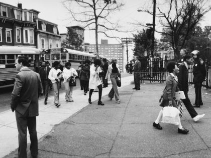 Students entering the premises of a segregated school during the desegregation busing crisis in Boston, circa 1974. (Photo by Ellis Herwig/Pictorial Parade/Archive Photos/Getty Images)