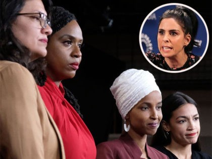 Main: U.S. Rep. Rashida Tlaib (D-MI), Rep. Ayanna Pressley (D-MA), Rep. Ilhan Omar (D-MN), and Rep. Alexandria Ocasio-Cortez (D-NY) pause between answering questions during a press conference at the U.S. Capitol on July 15, 2019 in Washington, DC. (Alex Wroblewski/Getty Images) Insert: Sarah Silverman from ‘I Love You, America’ appears …