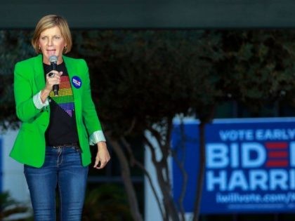 Representative Susie Lee (D-NV) speaks during a voter mobilization event for supporters of Democratic Presidential candidate and former US Vice President Joe Biden, October 24, 2020, in Las Vegas. (Ronda Churchill/AFP via Getty Images)