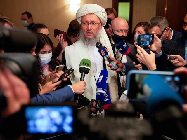 Head of the Taliban delegation, deputy prime minister Abdul Salam Hanafi speaks to the media during an international conference on Afghanistan in Moscow on October 20, 2021. (Alexander Zemlianichenko/Pool/AFP)