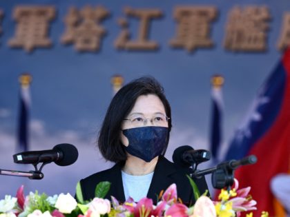 Taiwan's President Tsai Ing-wen speaks during an inauguration ceremony of a Ta Chiang Corvette at a navy base in Yilan on September 9, 2021. (Photo by Sam Yeh / AFP) (Photo by SAM YEH/AFP via Getty Images)