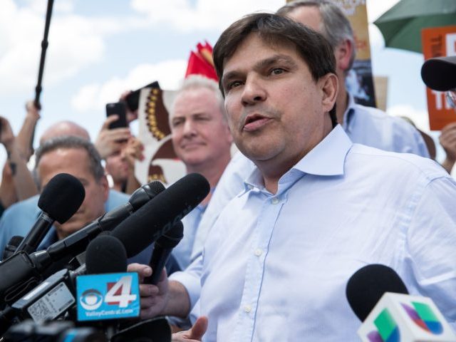 Jun 17, 2018; McAllen, TX, USA; Rep. Vicente Gonzalez gives a statement regarding family s