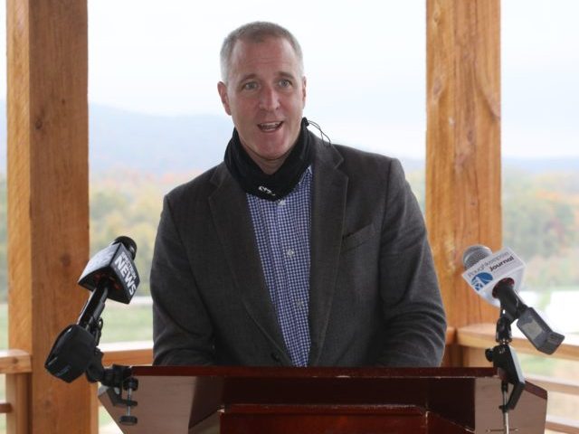 Representative Sean Patrick Maloney speaks during a press conference at Fishkill Farms on October 21, 2020.
