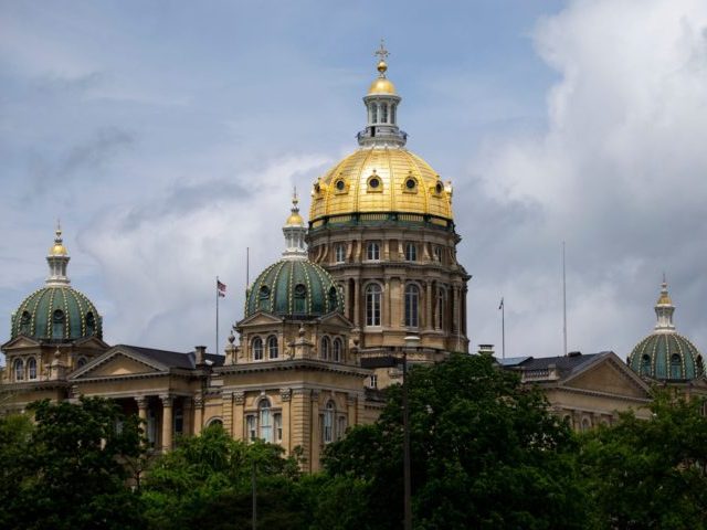 Sunlight shines on the gold dome of the Iowa State Capitol on Wednesday, May 19, 2021, in