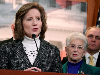 FILE - In this March 25, 2014, file photo, Rep. Vicky Hartzler, R-Mo., left, speaks to reporters on Capitol Hill in Washington, Hartzler, of Missouri announced Thursday, June 10, 2021, that she will run for the Republican nomination for U.S. Senate in 2022. Incumbent Republican Sen. Roy Blunt announced in …