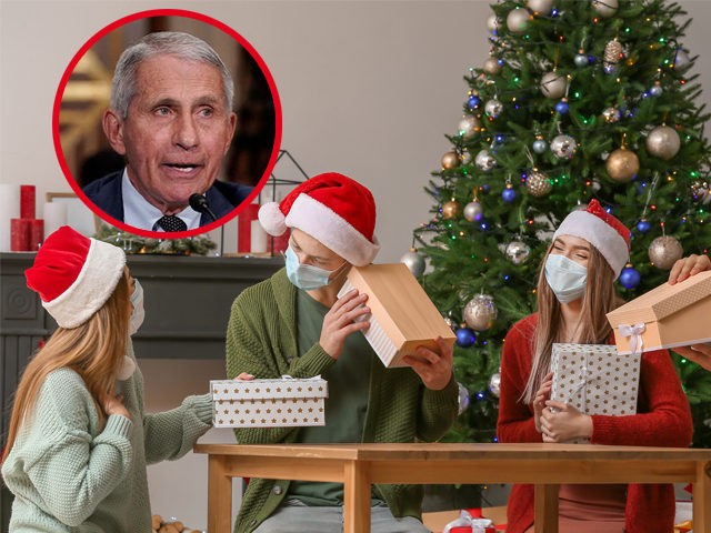 In this undated stock photo, people celebrate Christmas in masks as they exchange presents and sit by a tree. (PS Imaging/Stocksnap.io) Insert: Dr. Anthony Fauci, director of the National Institute of Allergy and Infectious Diseases, responds to questions by Senator Rand Paul during the Senate Health, Education, Labor, and Pensions …