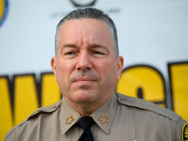 Sheriff Alex Villanueva of the Los Angeles Sheriff's Department (LASD) speaks about a task force targeting wage theft outside of the Hall of Justice on February 9, 2021 in Los Angeles, California. (Photo by PATRICK T. FALLON/AFP via Getty Images)