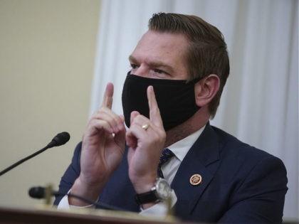 Representative Eric Swalwell, a Democrat from California, speaks during a House Intelligence Committee hearing about worldwide threats, on Capitol Hill in Washington, DC, April 15, 2021. (Photo by Al Drago / POOL / AFP) (Photo by AL DRAGO/POOL/AFP via Getty Images)