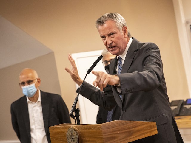 New York City mayor Bill de Blasio speaks during a news conference at the Rikers Island on September 27, 2021, in New York. (AP Photo/Jeenah Moon)