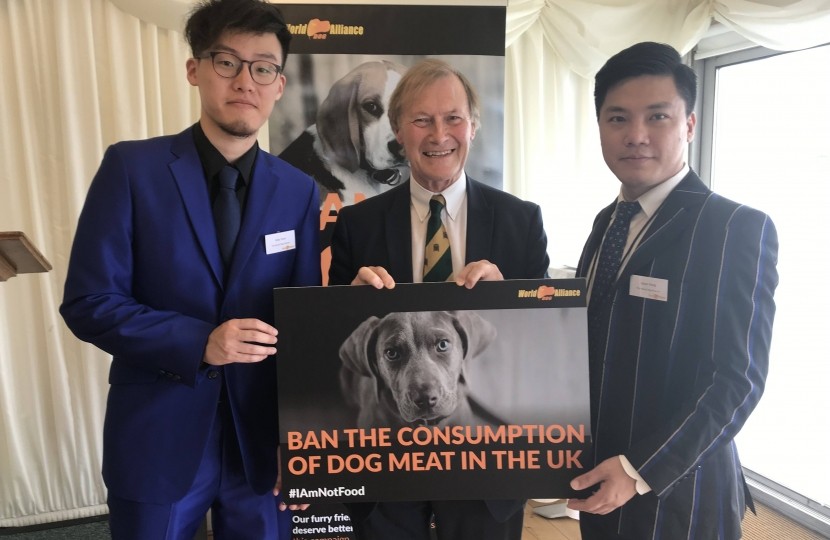 Sir David Amess at the World Dog Alliance’s Summer Reception on Wednesday 17th July, 2019. He joined the organisation’s campaign to ban the human consumption of dog and cat meat in the UK. 