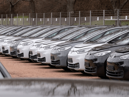 In this Tuesday, Feb. 25, 2020 file photo, Electric car ID.3 cars stand at the factory are