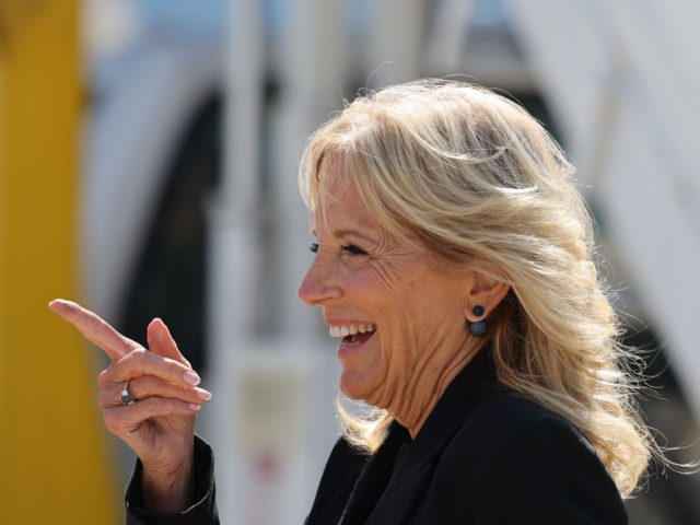 US First Lady Jill Biden arrives at Des Moines International Airport, in Des Moines, Iowa,