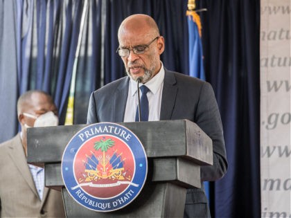 Designated Prime Minister Ariel Henry speaks during a ceremony at La Primature in Port-au-Prince, Haiti, on July 20, 2021. - The ceremony comes as designated Prime Minister Ariel Henry prepared to replace interim Prime Minister Claude Joseph, after the July 7 attack at Moïse's private home. (Photo by Valerie Baeriswyl …
