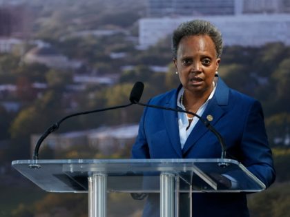 Chicago mayor Lori Lightfoot speaks during the groundbreaking ceremony for the Obama Presidential Center at Jackson Park on September 28, 2021 in Chicago, Illinois. - The 700-million-dollar project has been six years in the making and the center is scheduled to open in 2025. (Photo by Kamil Krzaczynski / AFP) …