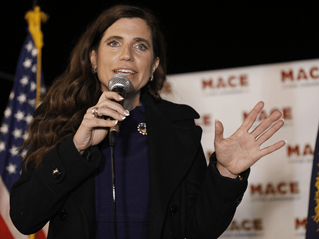 In this Nov. 3, 2020, file photo, Republican Nancy Mace talks to supporters during her ele