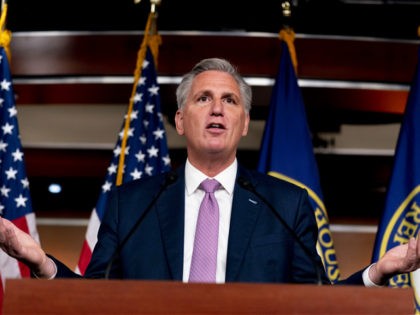 House Minority Leader Kevin McCarthy of Calif. gestures while speaking during his weekly press briefing on Capitol Hill, Thursday, Sept. 30, 2021, in Washington. (AP Photo/Andrew Harnik)