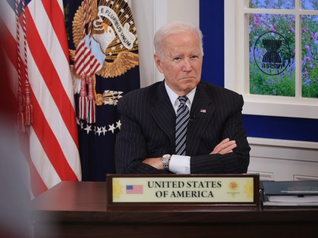 WASHINGTON, DC - OCTOBER 26: U.S. President Joe Biden delivers remarks during the annual U.S.-ASEAN Summit via video link from the South Court Auditorium in the Eisenhower Executive Office Building on October 26, 2021 in Washington, DC. According to the White House, Biden talked about efforts "to end the COVID-19 …