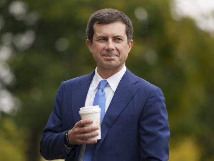 Transportation Secretary Pete Buttigieg arrives for a television interview with CNBC outside the White House, October 13, 2021, in Washington, DC. (Drew Angerer/Getty Images)