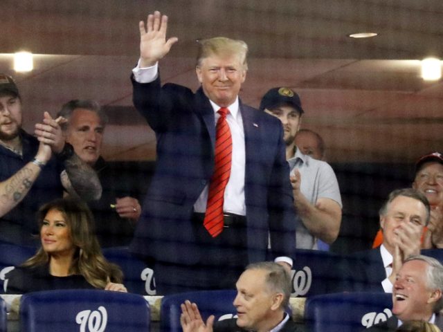 WASHINGTON, DC - OCTOBER 27: President Donald Trump attends Game Five of the 2019 World Se