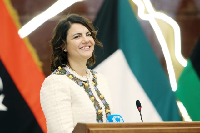 Libyan Foreign Minister Najla al-Mangoush at a news conference in Kuwait City