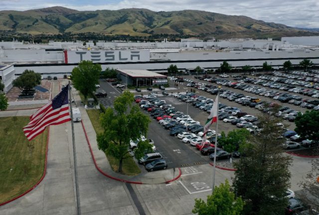 FREMONT, CALIFORNIA - MAY 13: An aerial view of the Tesla Fremont Factory on May 13, 2020