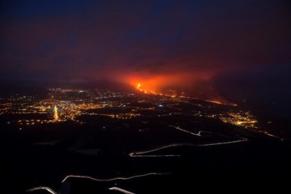 The Cumbre Vieja volcano, pictured from Tijarafe, spews lava, ash and smoke, on the Canary