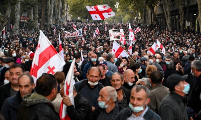 Tens of thousands of Georgians took to the streets of central Tbilisi to demand the release of jailed ex-president and opposition leader Mikheil Saakashvili