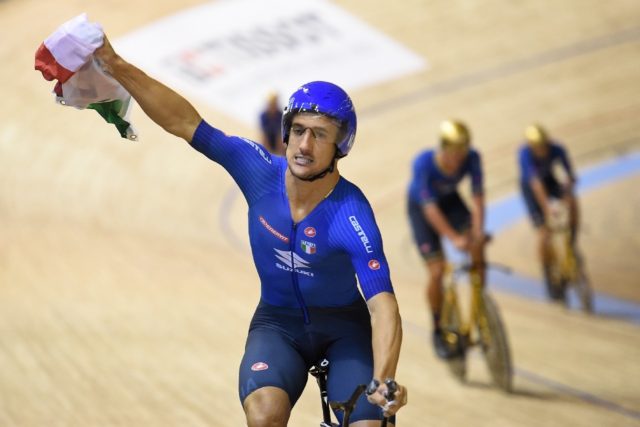 Italy's Liam Bertazzo celebrates winning the men's Team Pursuit world title