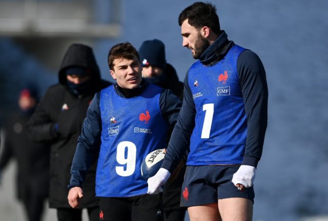 Antoine Dupont (L) with Charles Ollivon (R) during a France training session in February