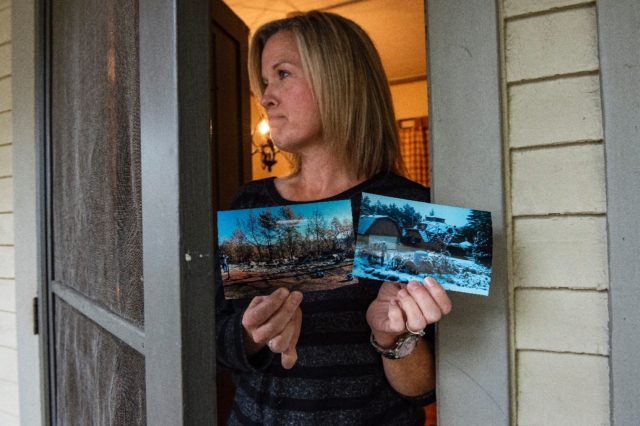 Jennifer Cashman holds photos of before and after the fire that destroyed her former home