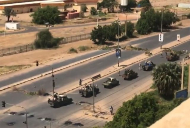 Military vehicles in the Sudanese capital Khartoum, shown in an image grab taken from a vi