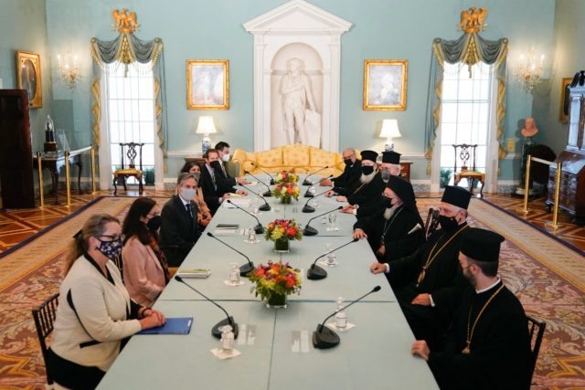 Secretary of State Antony Blinken (thid on left) welcomes Ecumenical Patriarch Bartholomew