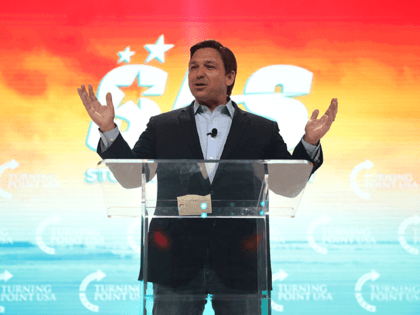 Governor Ron DeSantis speaking with attendees at the 2021 Student Action Summit hosted by Turning Point USA at the Tampa Convention Center in Tampa, Florida on July 18, 2021.