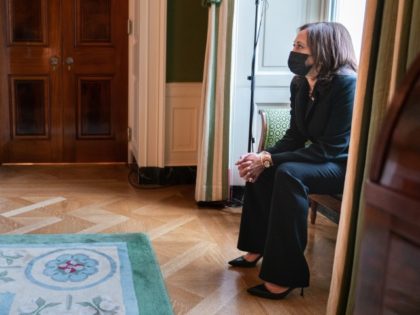 Vice President Kamala Harris watches from the Green Room of the White House as President Joe Biden delivers remarks on the developing situation in Afghanistan, Monday, August 16, 2021. (Official White House Photo by Lawrence Jackson)