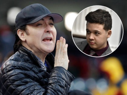 (INSET: Kyle Rittenhouse) Actor John Cusack yells to some Chicago Cubs players before Game