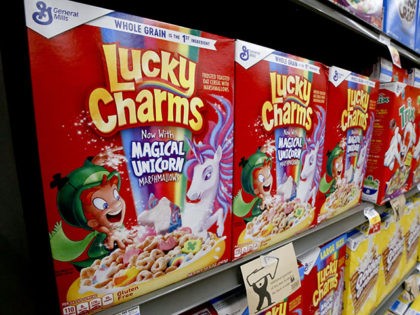 Boxes of General Mills Lucky Charms cereal sit on display in a market in Pittsburgh, Wednesday, Aug. 8, 2018. (AP Photo/Gene J. Puskar)
