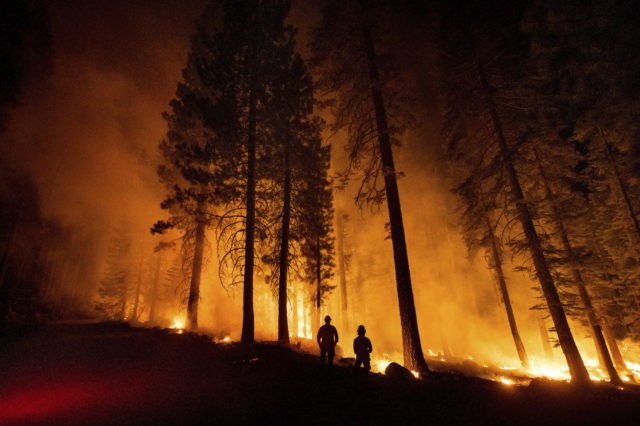 Cal Fire Capts. Derek Leong, right, and Tristan Gale monitor a firing operation, where crews set a ground fire to stop a wildfire from spreading, while battling the Dixie Fire in Lassen National Forest, Calif., on Monday, July 26, 2021.